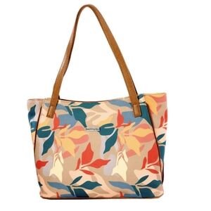 Koltov Emily E/W Floral Tote In Beige/Blue/Red Color NWT W/ Zipper Detail